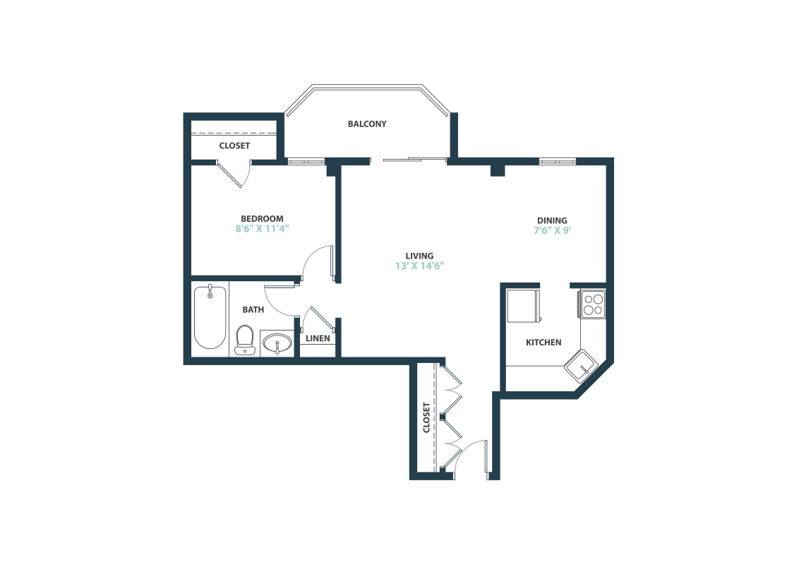 Floor plan for 1 bed, 1 bath, 662 sqft